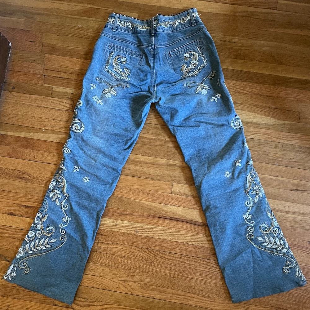 ***Sale***Cache EUC Denim Jeans In Floral Metallic Embroidered Originally $65 - Picture 2 of 8